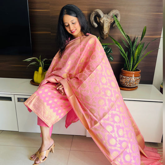 Banarasi Unstitched Dress Material/ Salwar Suit - Light Pink with embossed golden jari(Various colours available))