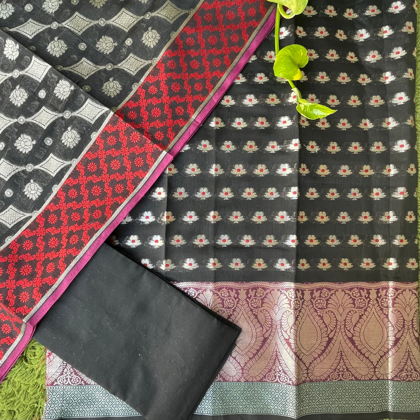 Banarasi Cotton Silk Unstitched Salwar Suit Fabric -Black With Embossed Silver Jari