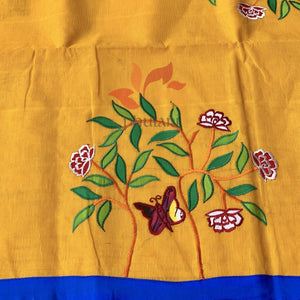 Bangladeshi Tant Saree Appliqué Work Embroidery Butterfly - Yellow - Phulari 