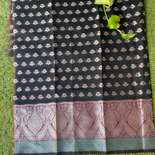 Banarasi Cotton Silk Unstitched Salwar Suit Fabric -Black With Embossed Silver Jari