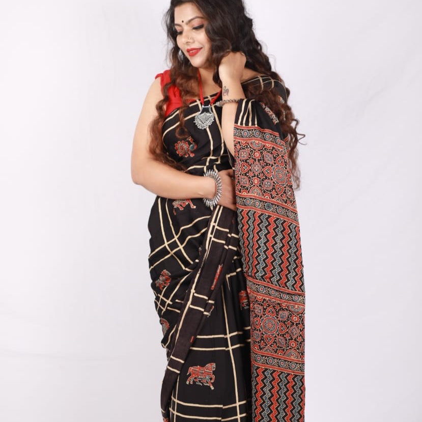 Modal Silk Saree with Ajrakh Print  - Black
