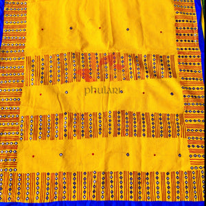 Bangladeshi Tant Saree Embroidery Foil Mirror Work - Yellow Blue - Phulari 