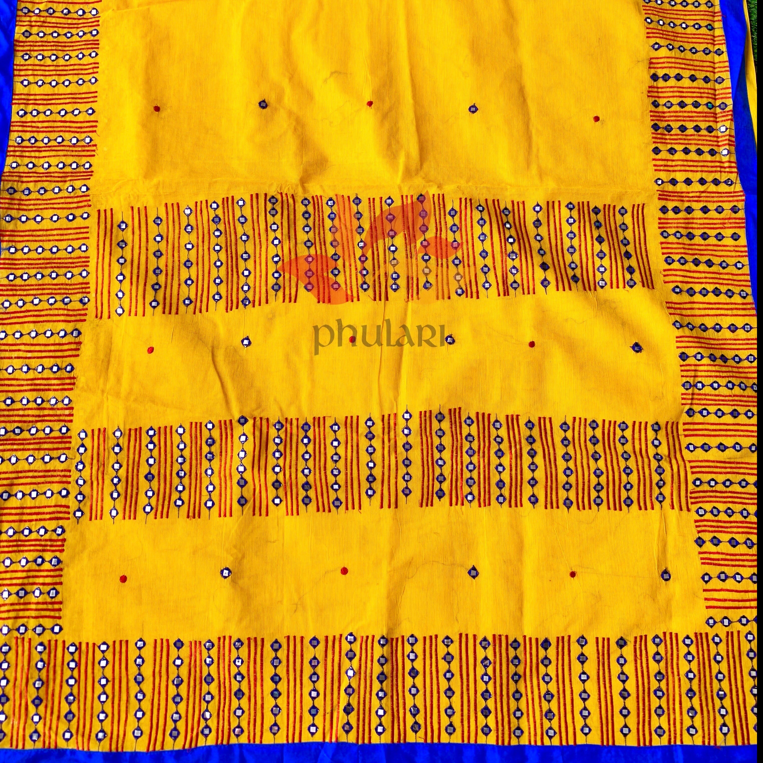 Bangladeshi Tant Saree Embroidery Foil Mirror Work - Yellow Blue - Phulari 