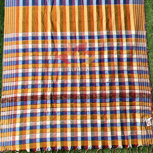 Khesh Saree Handloom Cotton Checks - Orange Blue - Phulari 