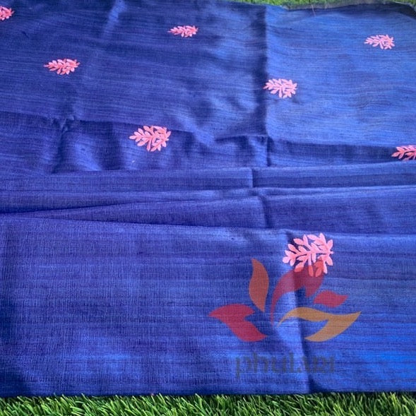 Pure Tussar Ghicha Silk Handloom Saree - Indigo with Pink motifs - Phulari 