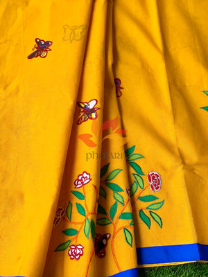 Bangladeshi Tant Saree Appliqué Work Embroidery Butterfly - Yellow - Phulari 