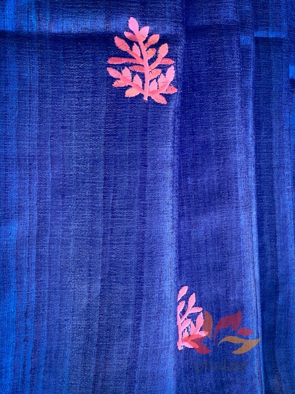 Pure Tussar Ghicha Silk Handloom Saree - Indigo with Pink motifs - Phulari 