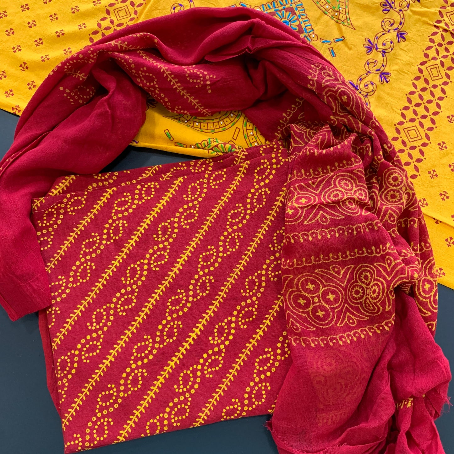 Kutchi work Salwar suit fabric - Yellow Red