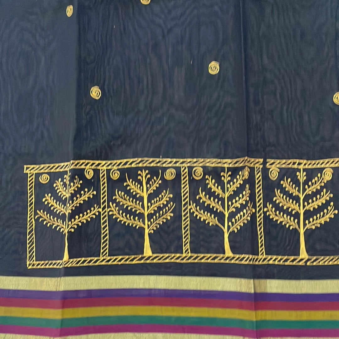 Unstitched Handpainted Chanderi Cotton Kurta Fabric - Black & Gold