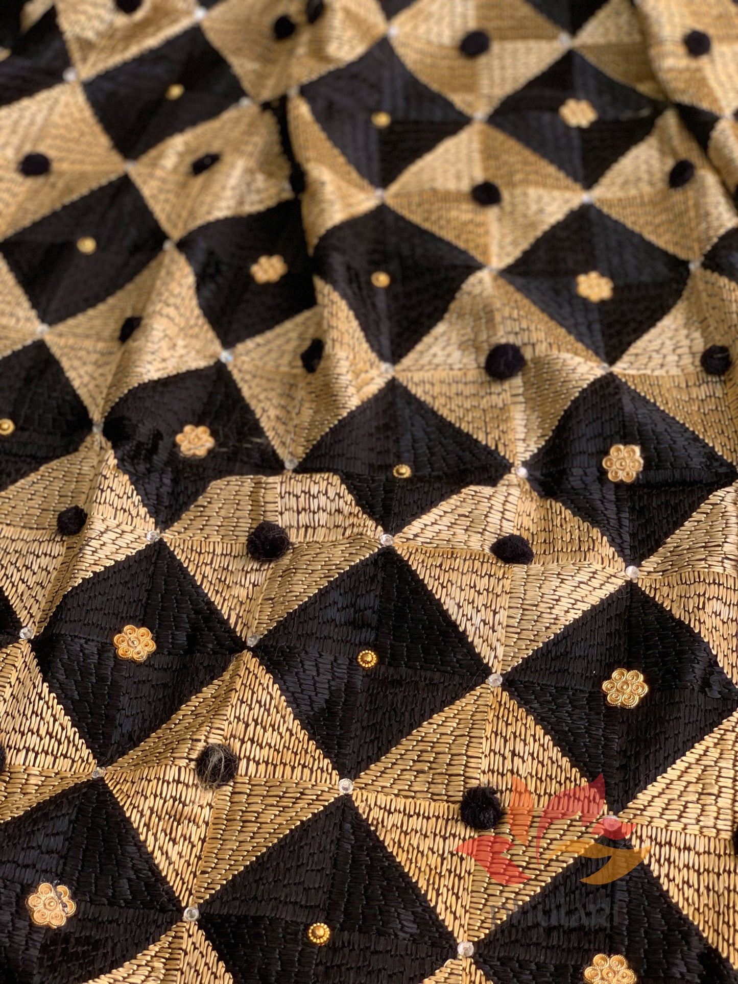 Phulkari Jaal Embellished Pom Pom Chinnon Dupatta - Black Gold - Phulari 