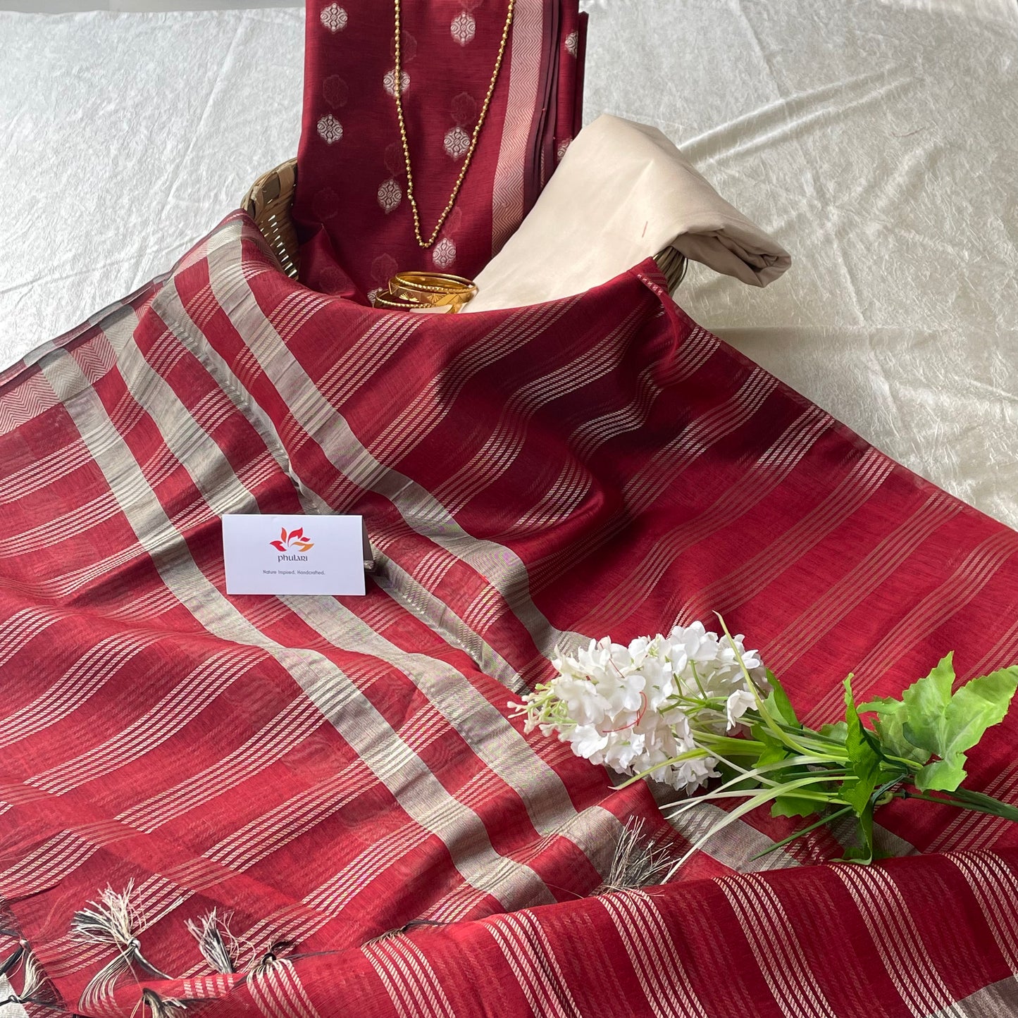 Banarasi Cotton Silk Unstitched Salwar Suit Fabric - Maroon and Cream