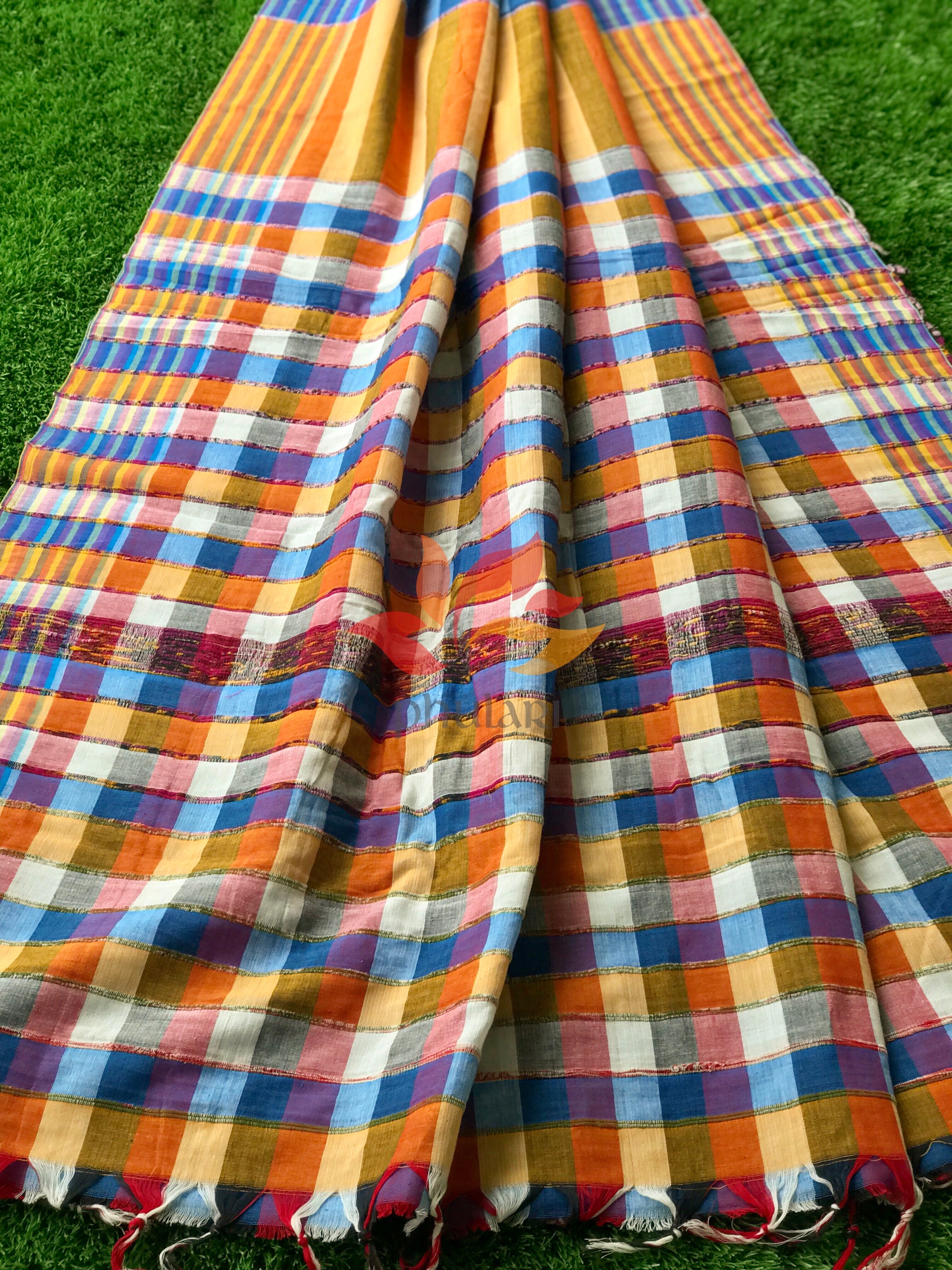 Khesh Saree Handloom Cotton Checks - Orange Blue - Phulari 