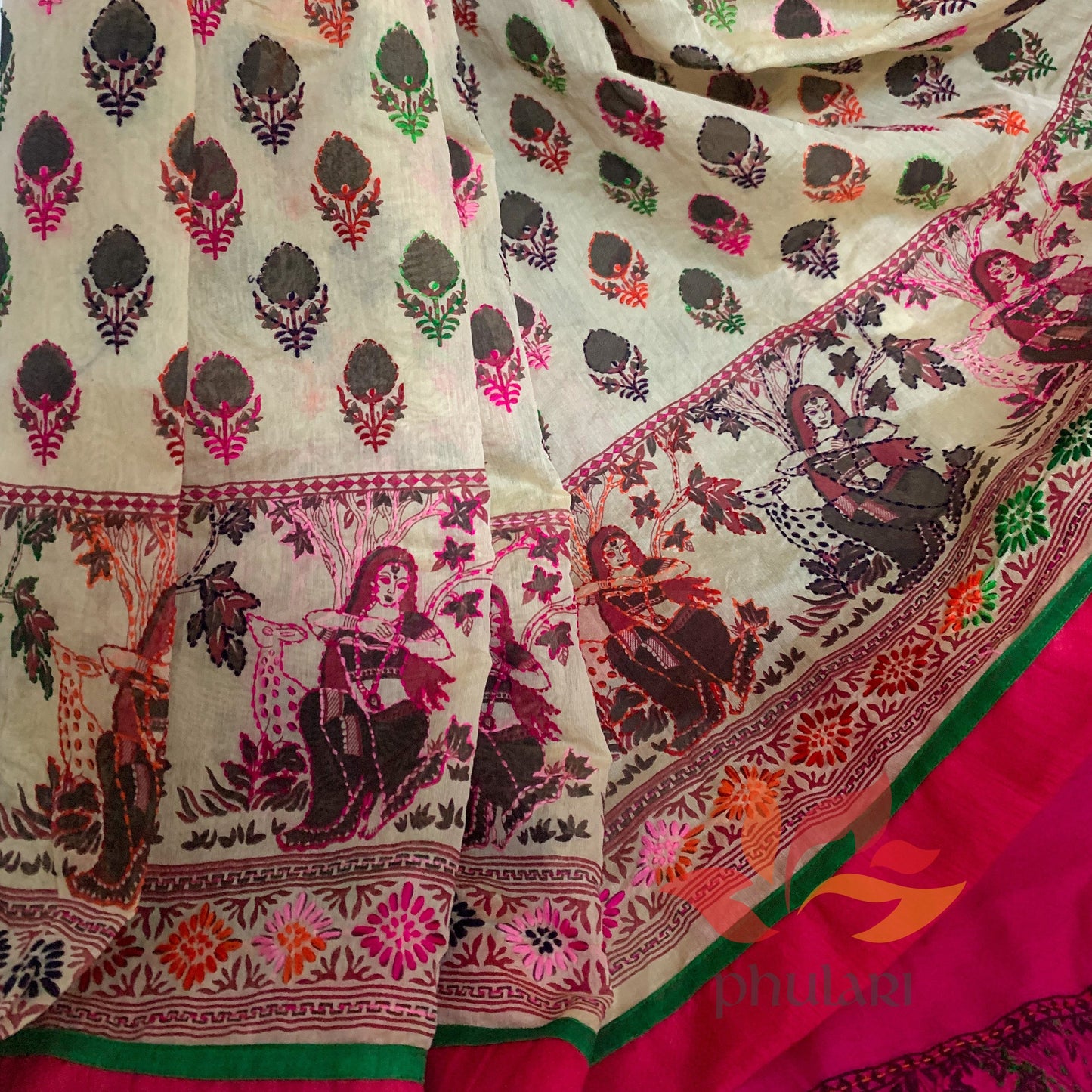 Exclusive Hand Painted & Embroidered Phulkari Fusion Chanderi Saree - Figures