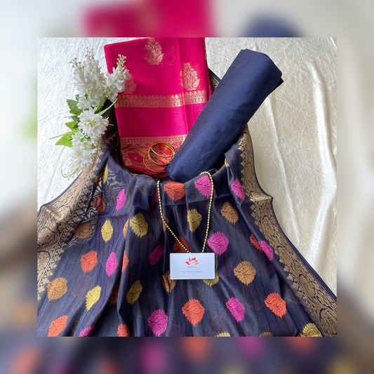 Banarasi Cotton Silk Unstitched Salwar Suit Fabric - Dark Pink with Gold jari and Navy Blue