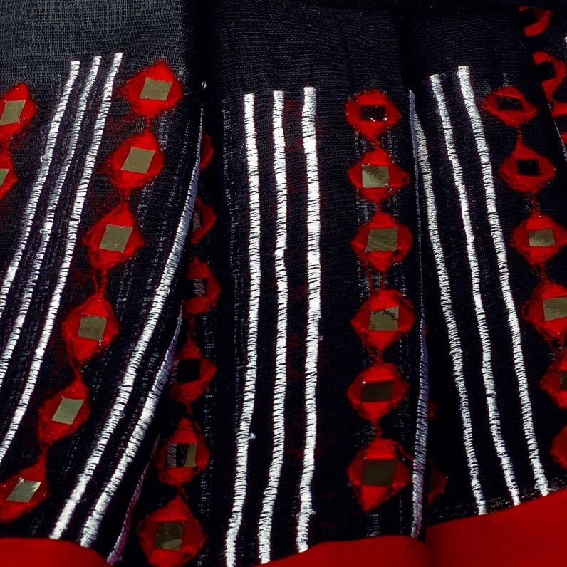 Bangladeshi Tant Saree Embroidery Foil Mirror Work - Black Red - Phulari 
