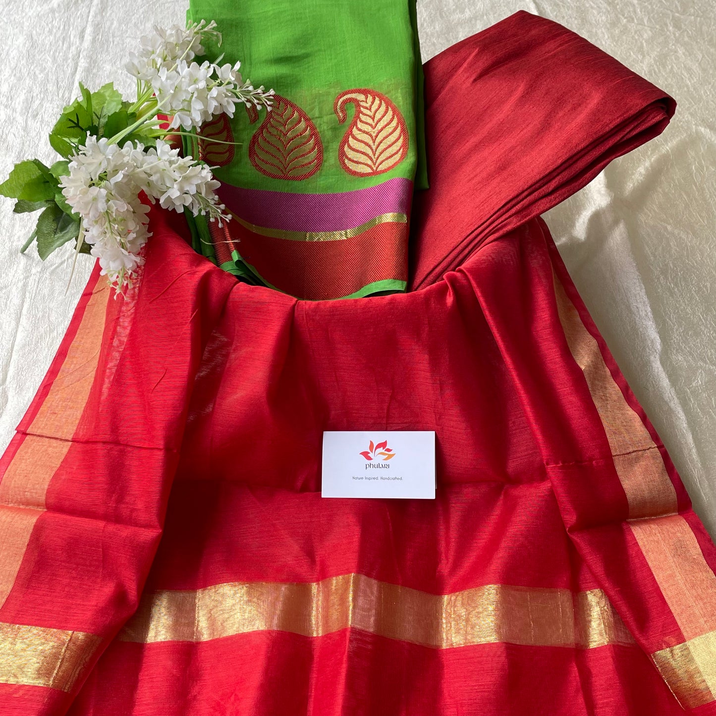 Unstitched Chanderi-Cotton Silk Suit Material With Embriodered Work - Parrot Green and Red