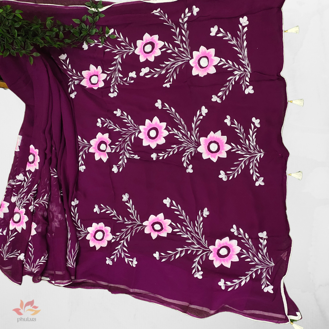 Georgette Hand-Painted Saree with Bold Flowers - Wine