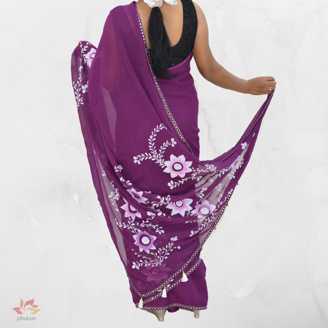 Georgette Hand-Painted Saree with Bold Flowers - Wine