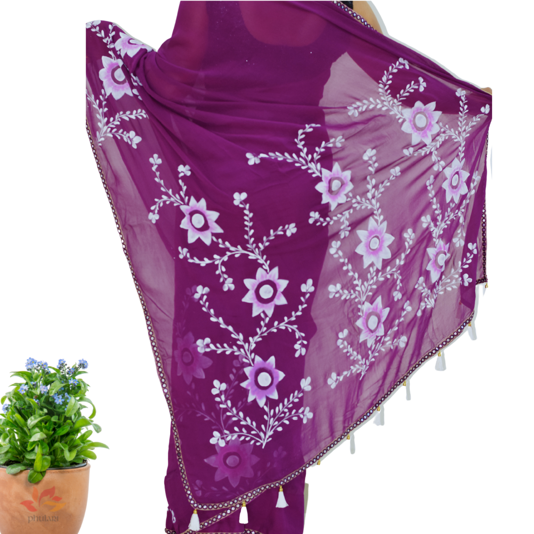 Georgette Hand-Painted Saree with Bold Flowers - Wine